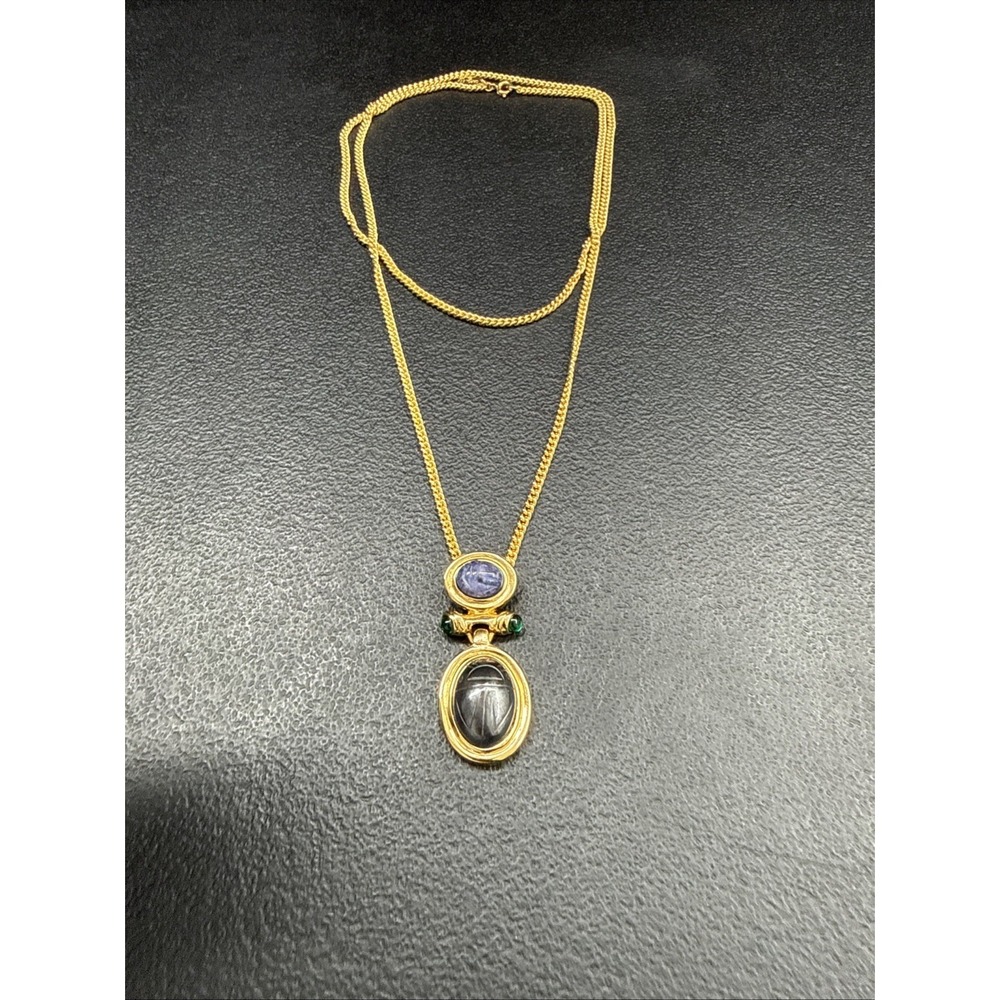 Vintage Carolee unsigned Lapis Carnelien Scarab Green Glass cabs necklace